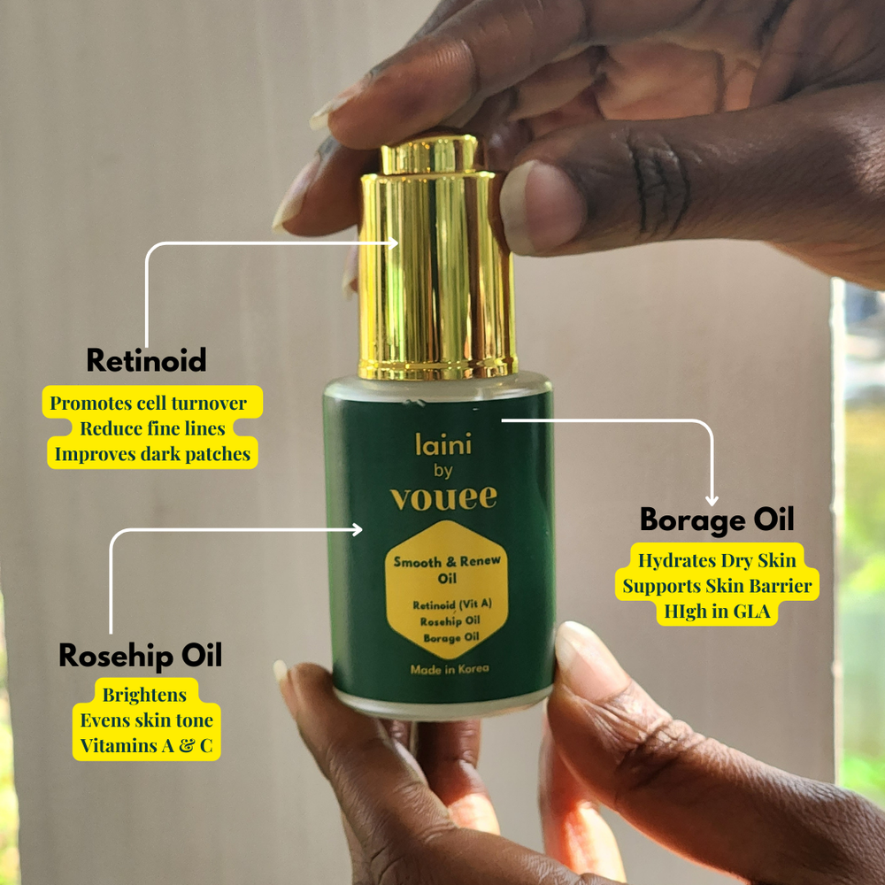 a black woman is holding the VOUEE retinoid bottle she uses to get rid of fine lines and spots. 